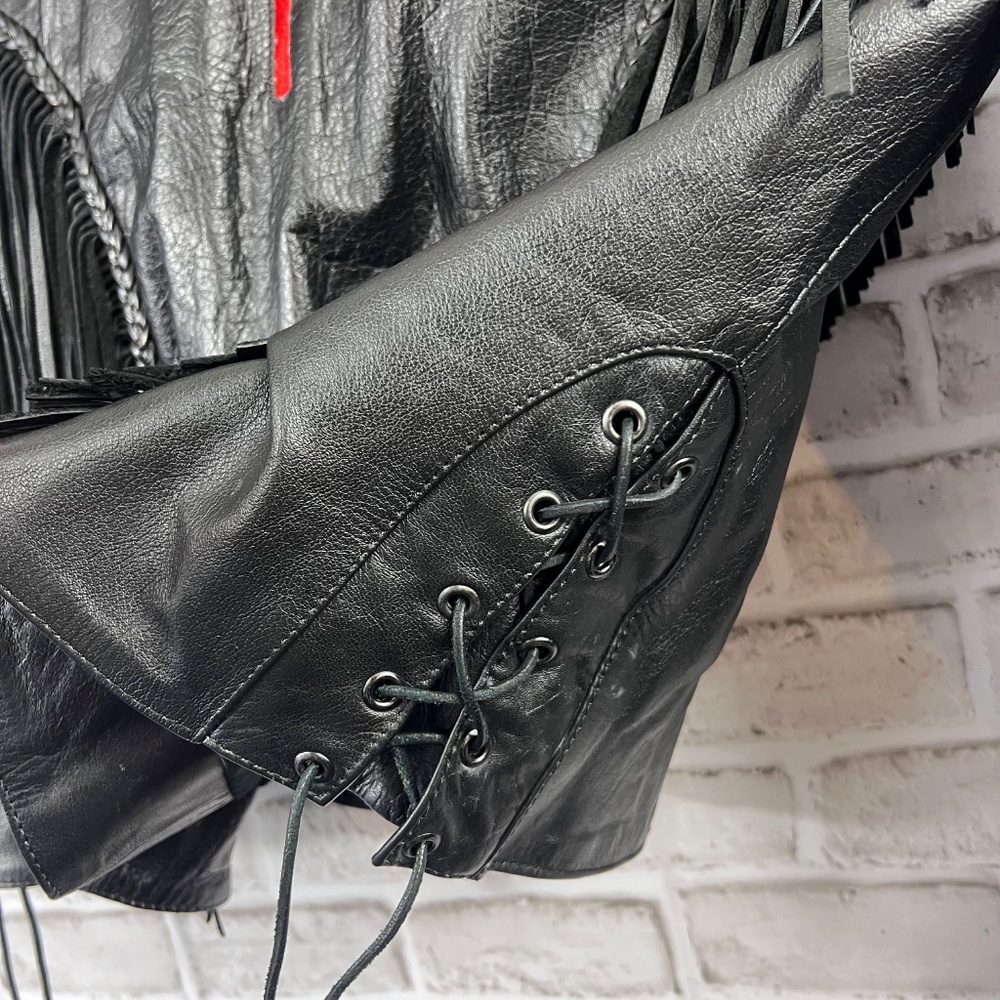 🚫SOLD! 🏍️🌹|•INTERSTATE LEATHER•| Rose Inlay Fringe Heavy Black Leather Jacket Si - Picture 7 of 15